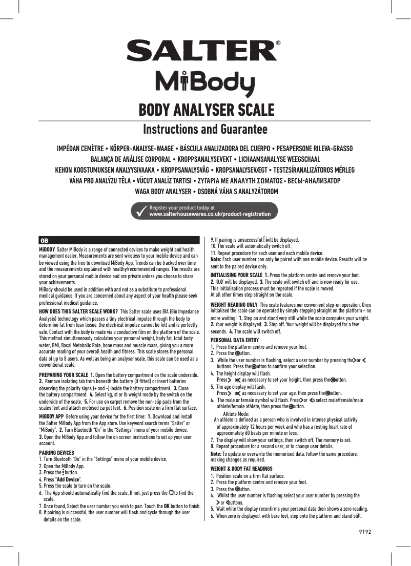 Page n°1 - Manuel utilisateur Salter 9192 BK3R