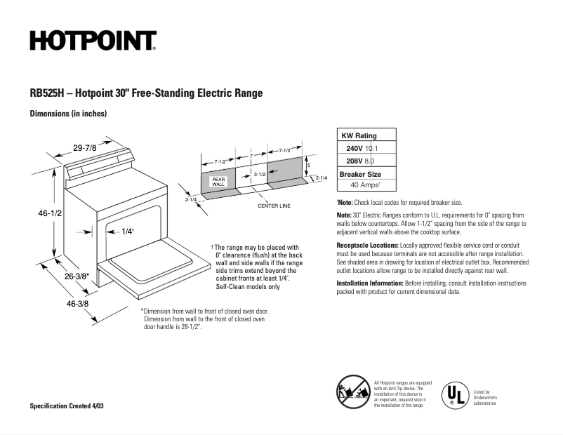 Page 1 de la notice Fiche technique Hotpoint RB525HCT