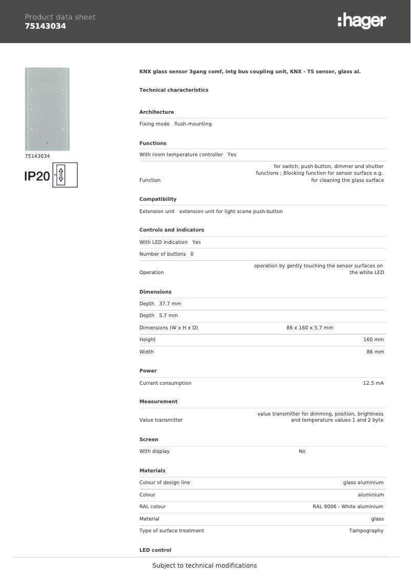 Page n°1 - Fiche technique Hager 75143034