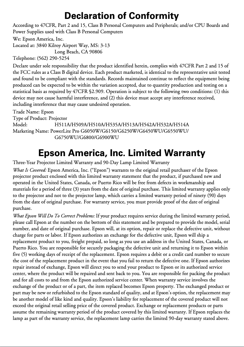 Página 1 del manual Información de garantía Epson PowerLite Pro G6900WU