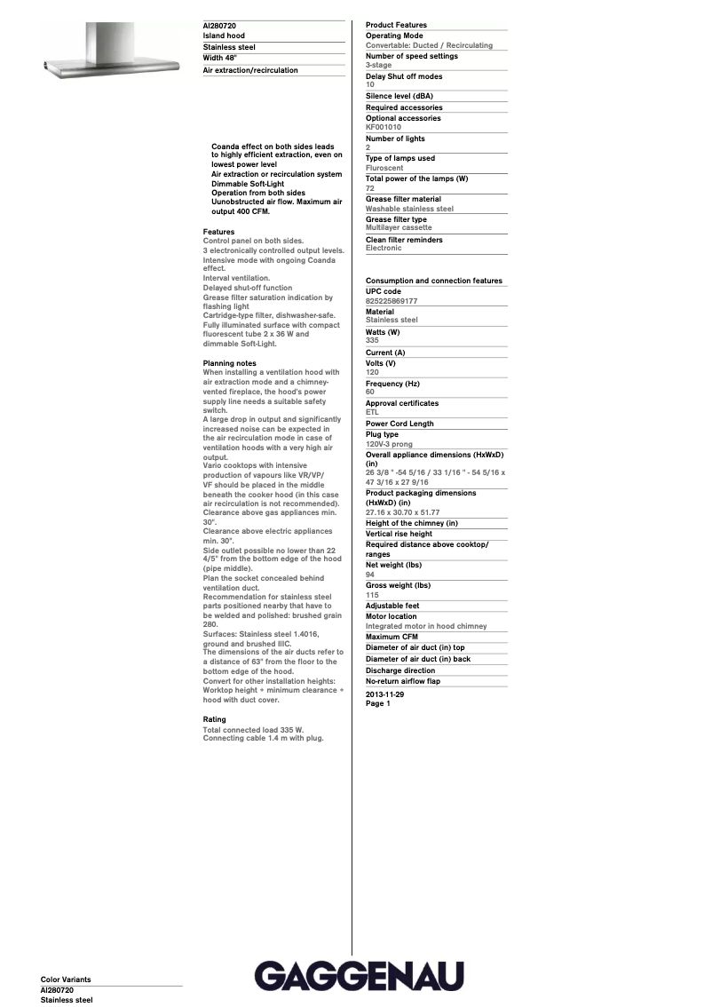 Page 1 de la notice Fiche technique Gaggenau AI280720