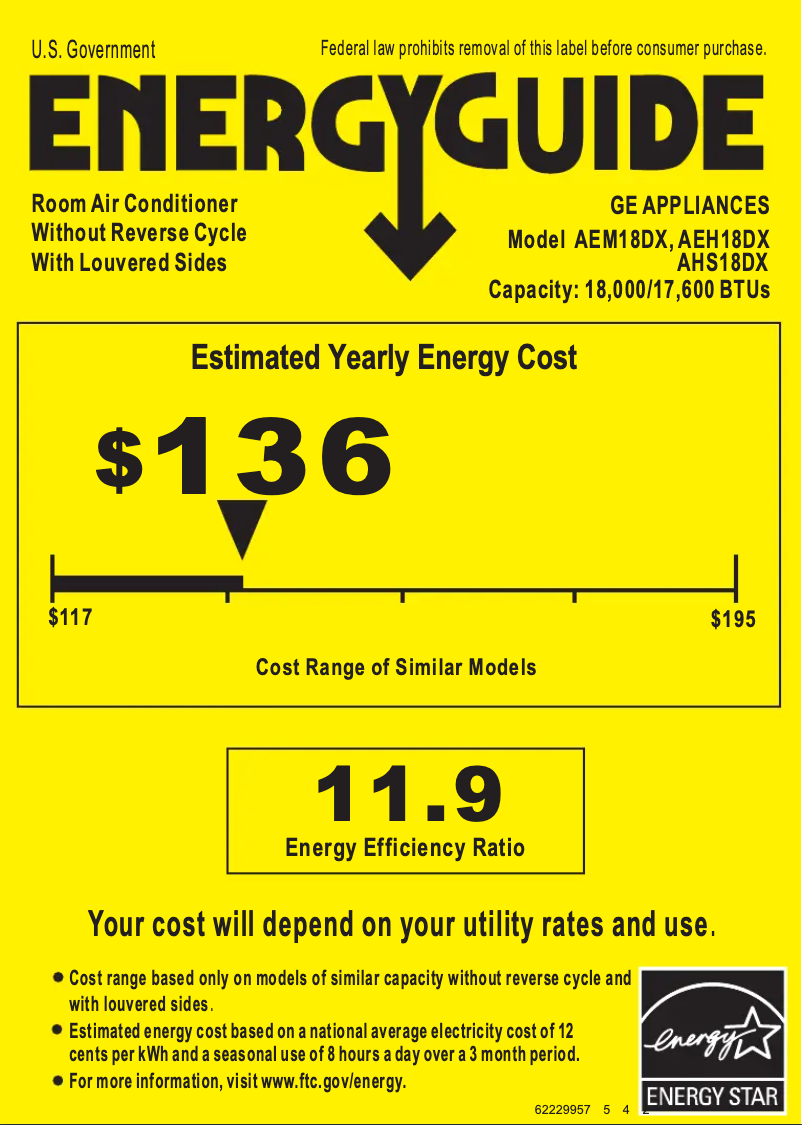Page 1 de la notice Label énergétique GE AEM18DX