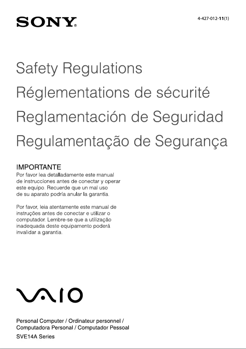 Image de la première page du manuel de l'appareil Vaio SVE14A15FXS