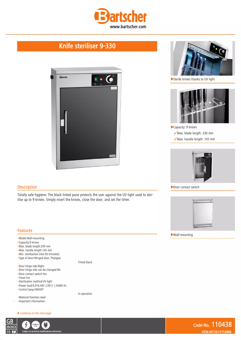 Página 1 del manual Ficha técnica Bartscher 9-330