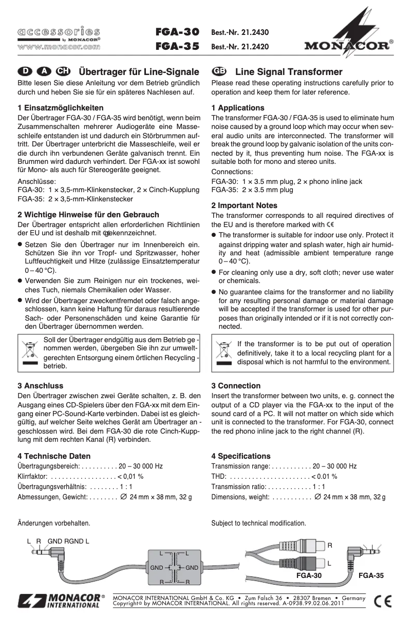 Page n°1 - Manuel utilisateur Monacor FGA-30
