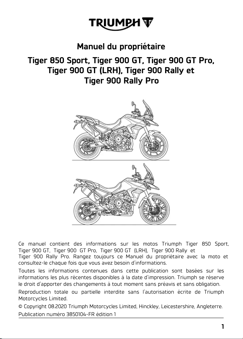 Page 1 de la notice Manuel utilisateur Triumph Tiger 850 Sport