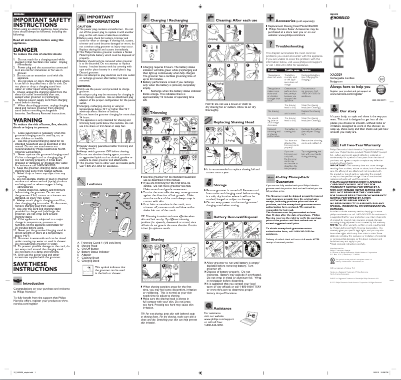 Page 1 de la notice Manuel utilisateur Philips Norelco XA2029