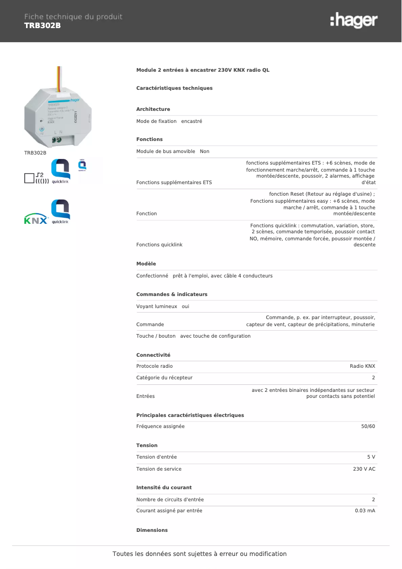 Page 1 de la notice Fiche technique Hager TRB302B