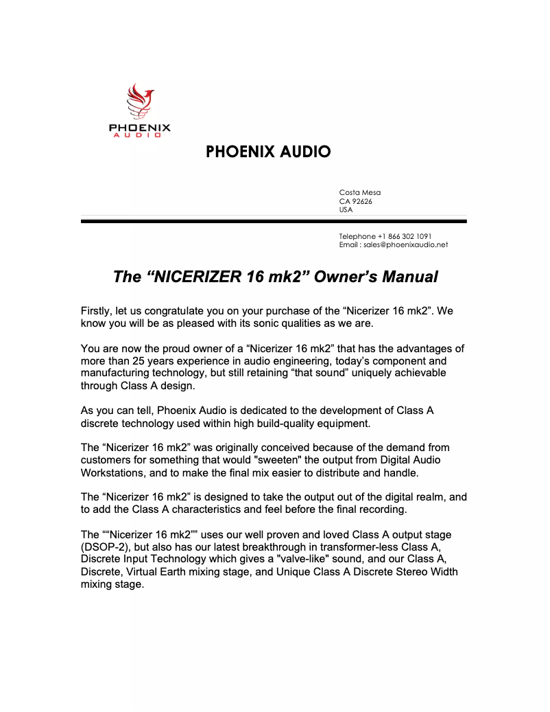 Page 1 de la notice Manuel utilisateur Phoenix Audio Nicerizer 16 MK2