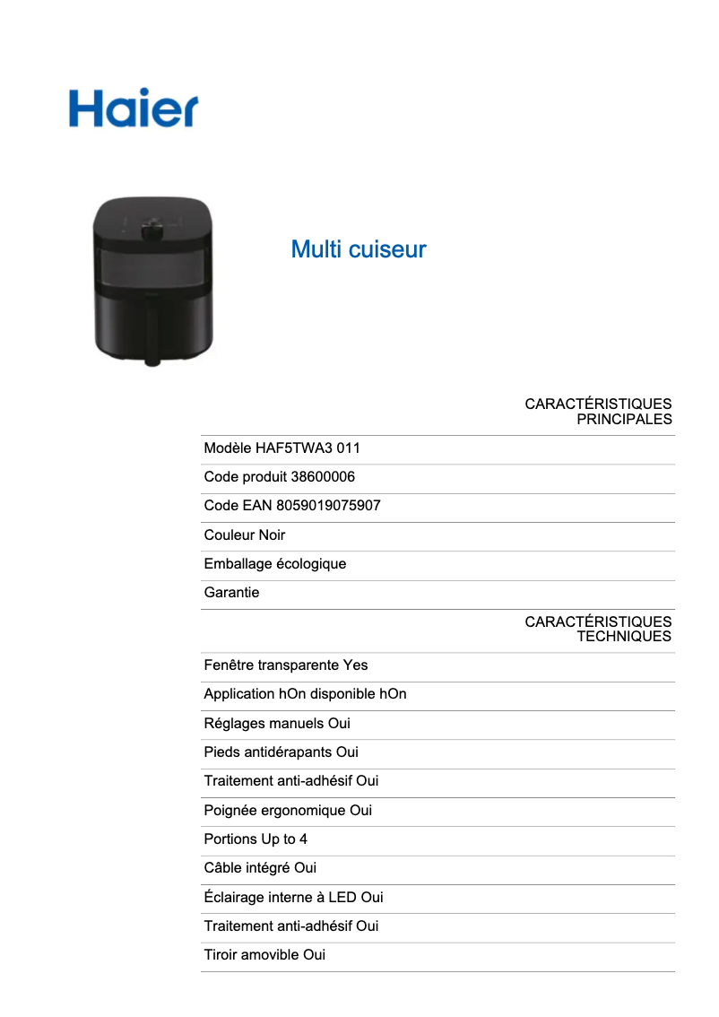 Page 1 de la notice Label énergétique Haier Multi Air Fryer Series 5