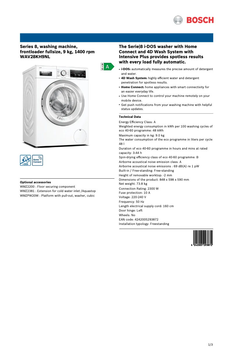 Page n°1 - Fiche technique Bosch WAV28KH9NL