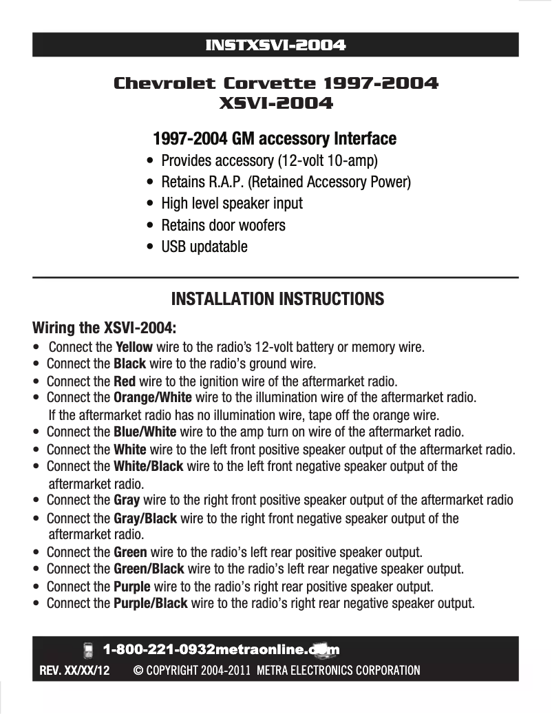 Page 1 de la notice Guide d'installation Metra XSVI-2004