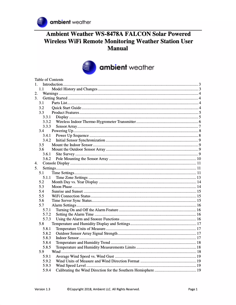 Page n°1 - Manuel utilisateur Ambient Weather WS-8478A