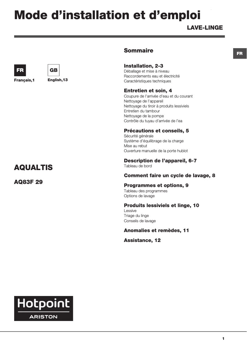 Page n°1 - Manuel utilisateur Hotpoint Ariston AQ83F 29 FR