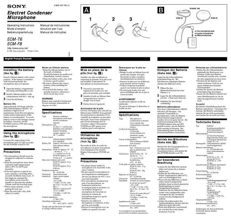 Page 1 de la notice Manuel utilisateur Sony ECM-T6