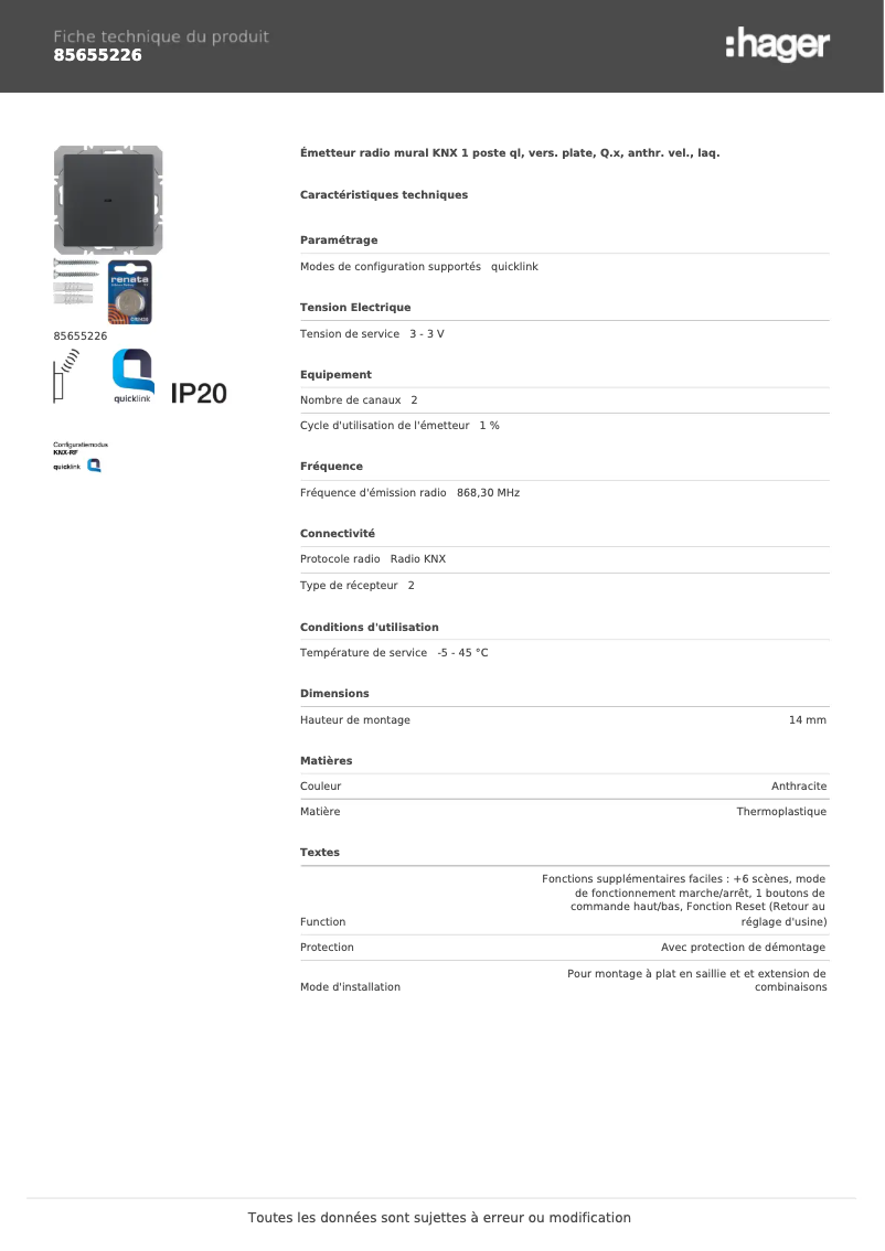 Page 1 de la notice Fiche technique Hager 85655226