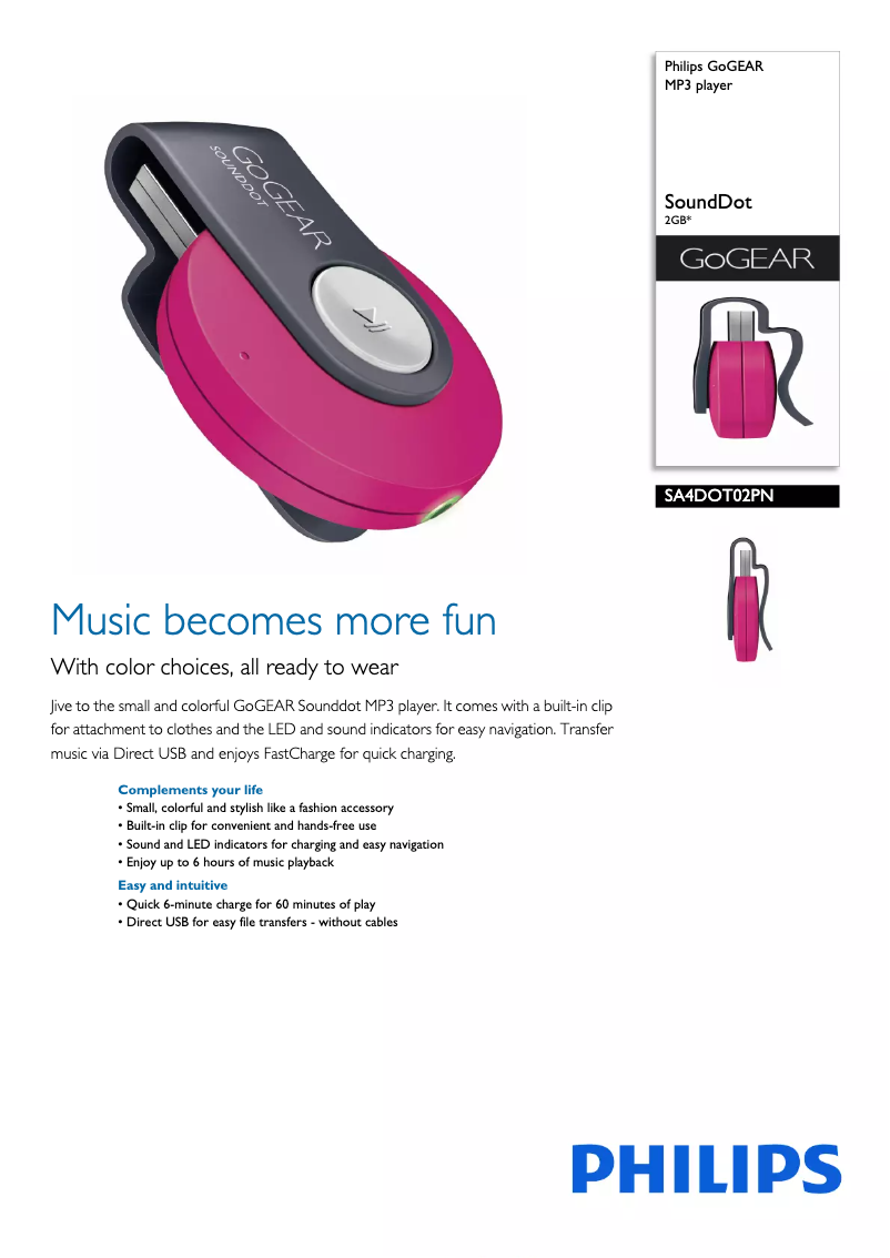 Page 1 of the manual Brochure Philips GoGear SA4DOT02