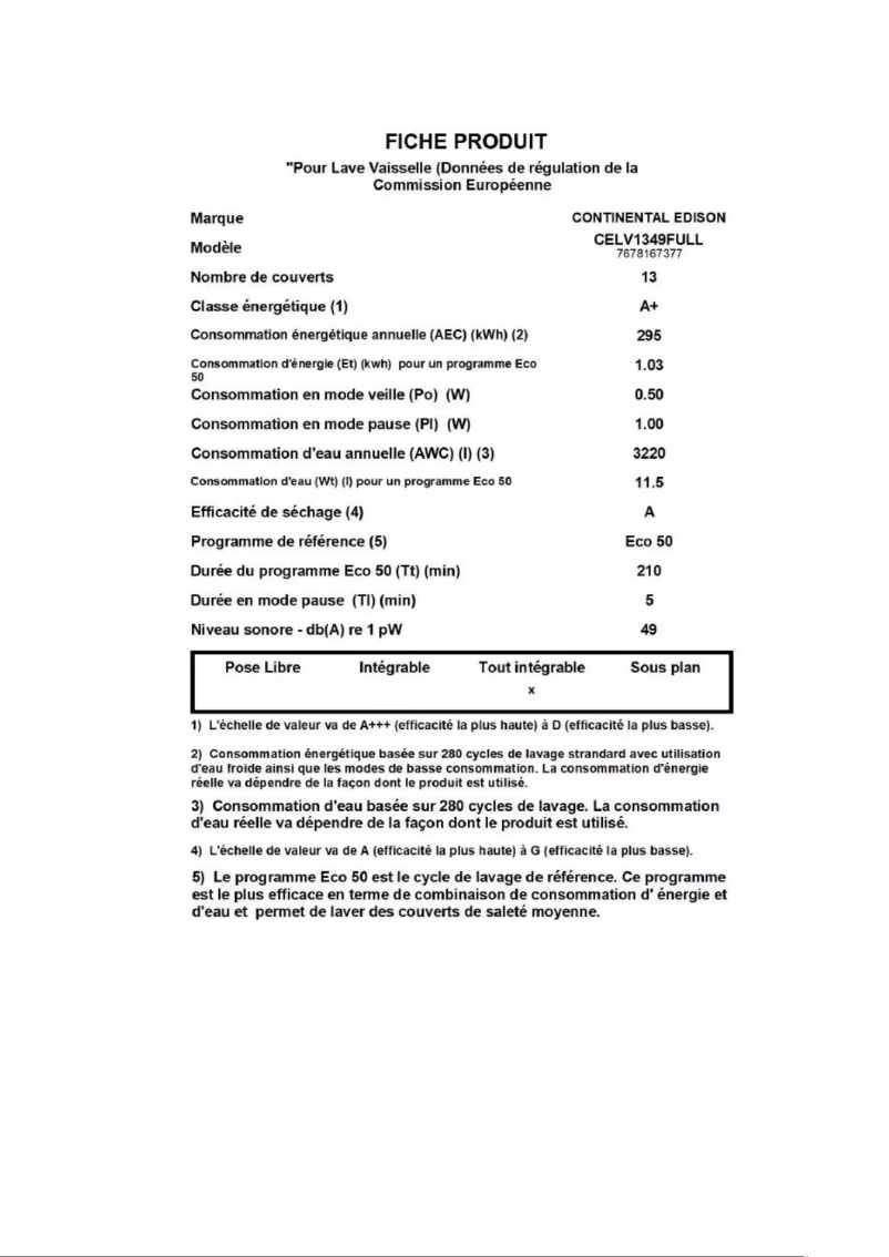 Page n°1 - Label énergétique Continental Edison CELV1349FULL