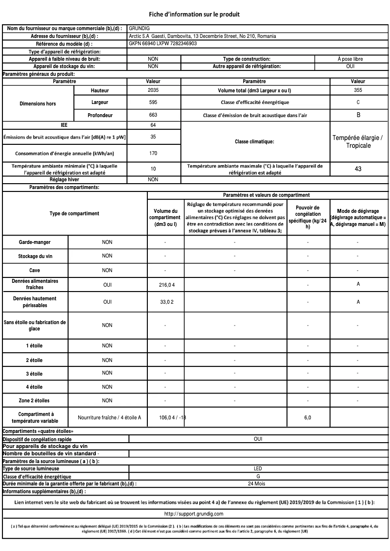 Page 1 de la notice Fiche technique Grundig GKPN 66940 LXPW