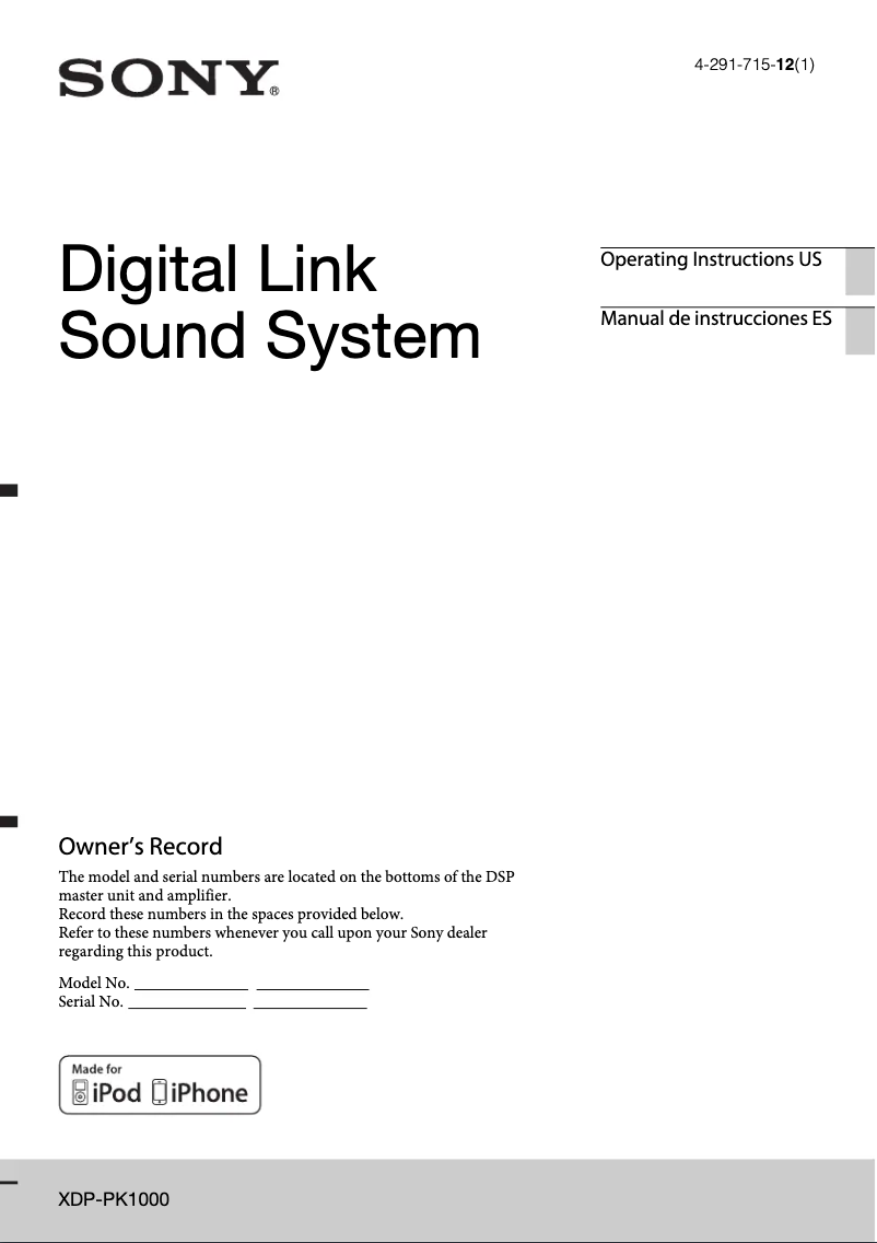 Page 1 de la notice Manuel utilisateur Sony XDP-PK1000
