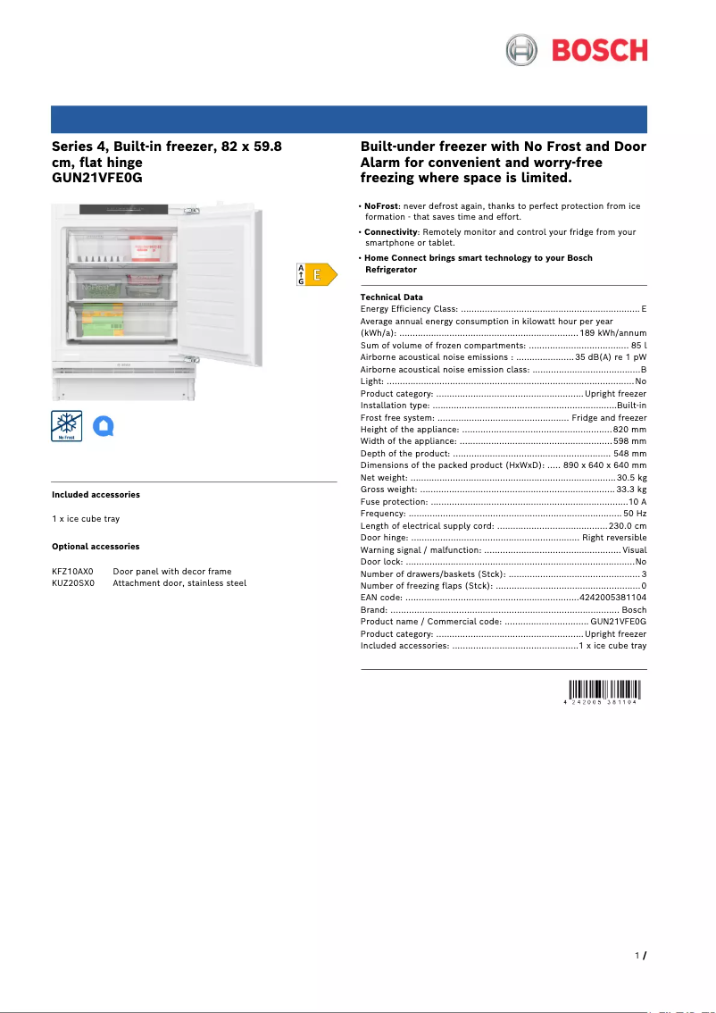 Page 1 de la notice Fiche technique Bosch GUN21VFE0G