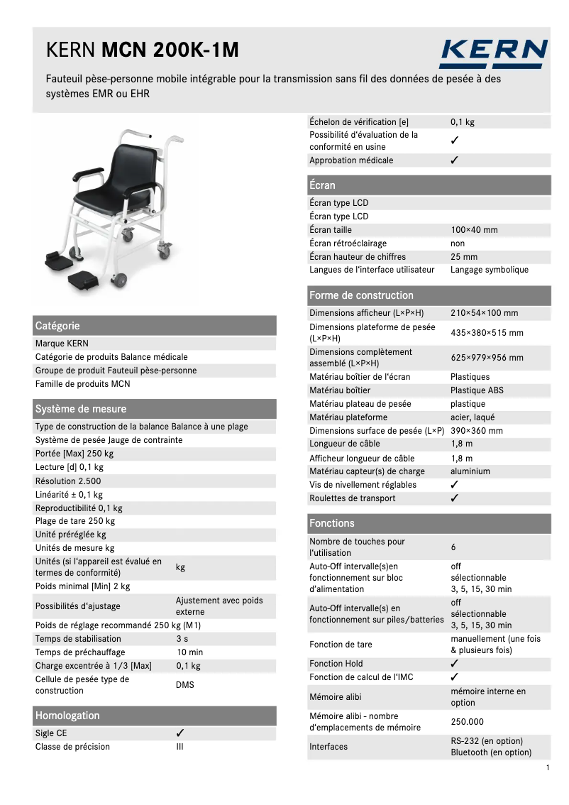 Page 1 de la notice Fiche technique Kern TMCN 200K-1M-A