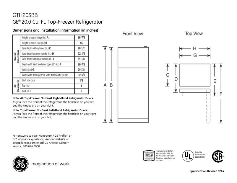 Page 1 de la notice Fiche technique GE GTH20SBBSS