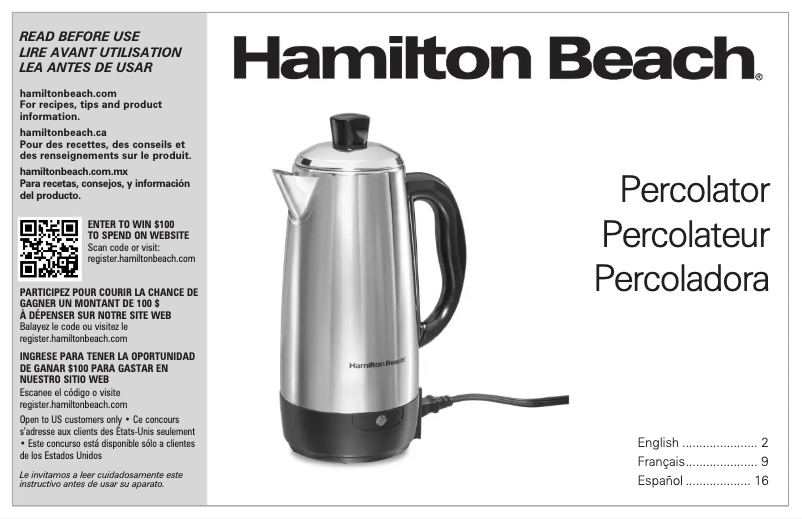 Page 1 of the manual User Manual Hamilton Beach Easy Pour Spout 40616R