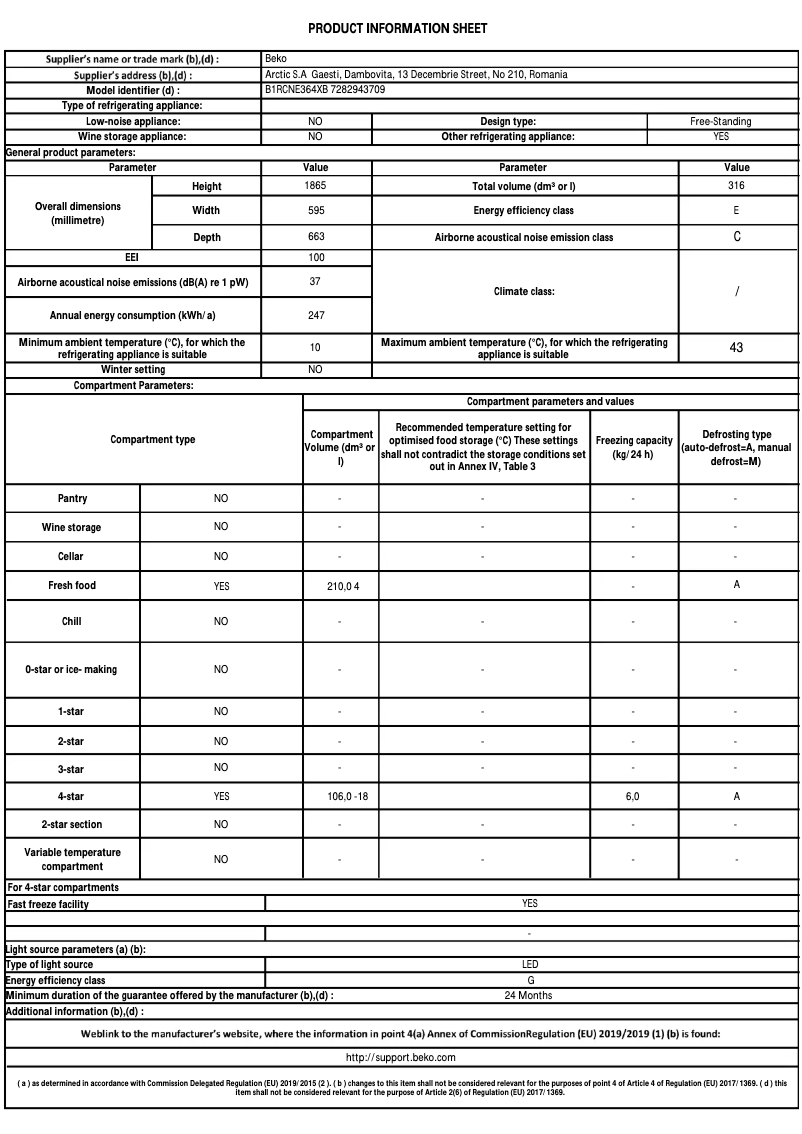 Page 1 de la notice Fiche technique Beko B1RCNE364XB