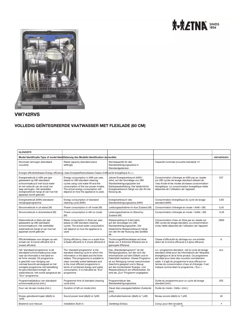 Page 1 de la notice Fiche technique Etna VW742RVS