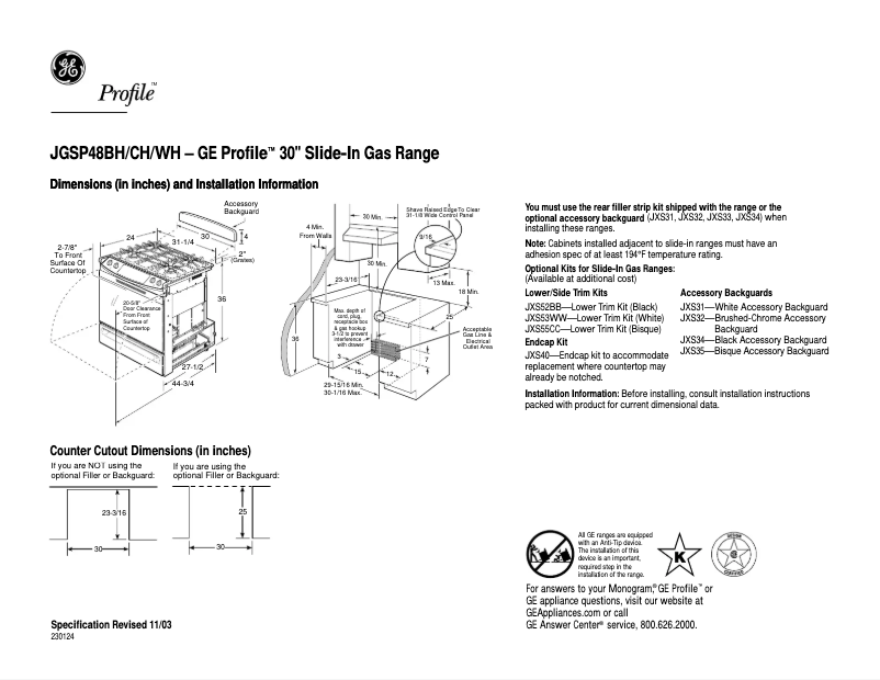 Page 1 of the manual Technical Sheet GE Profile JGSP48CHCC