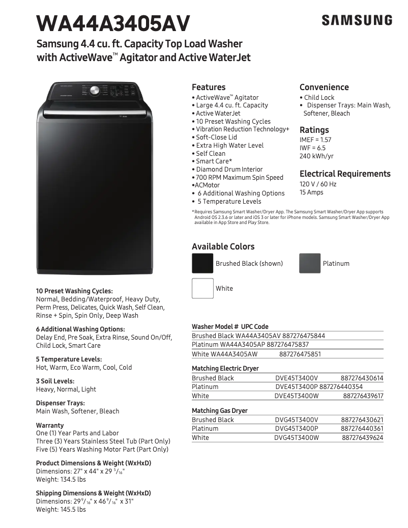 Page 1 de la notice Fiche technique Samsung WA44A3405AW