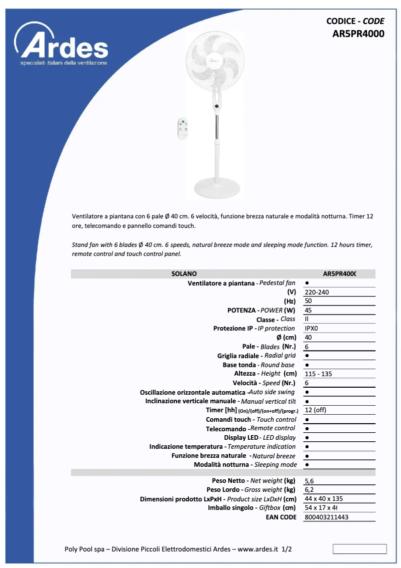 Page 1 de la notice Fiche technique Ardes AR5PR4001