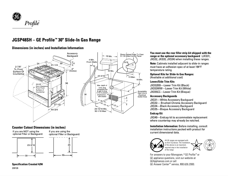 Page 1 de la notice Fiche technique GE Profile JGSP48SHSS