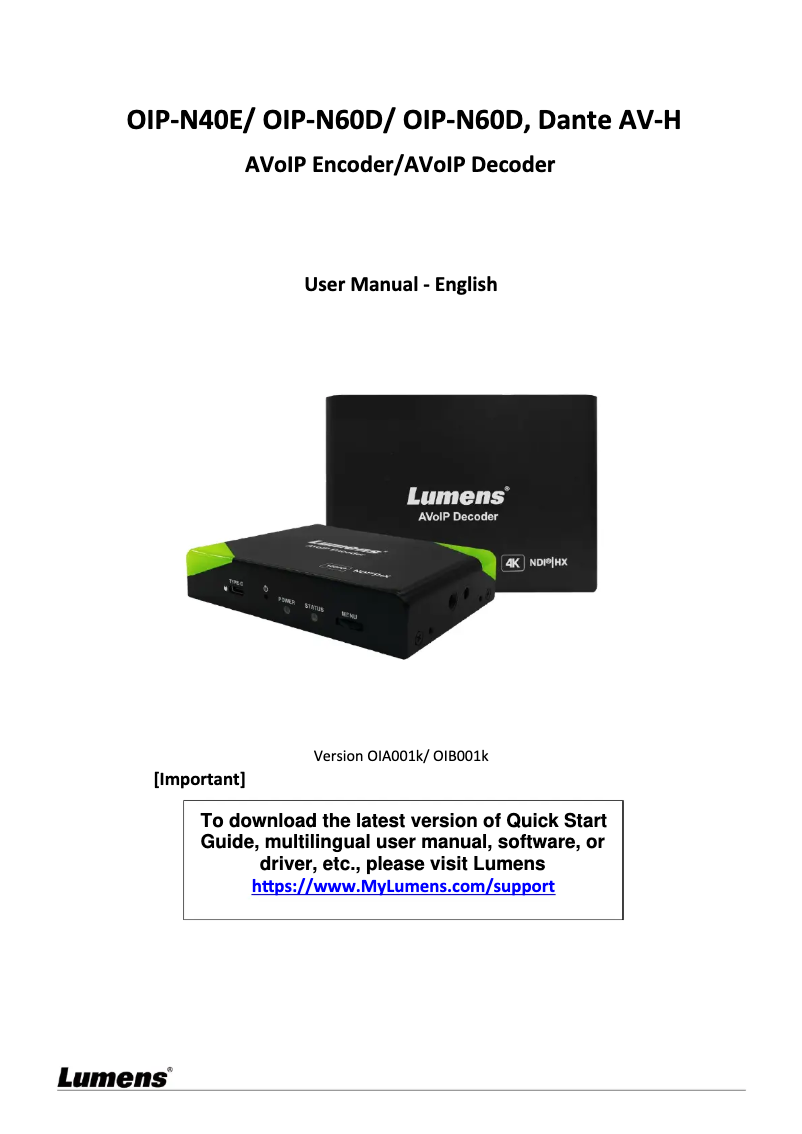 Page n°1 - Manuel utilisateur Lumens OIP-N40E