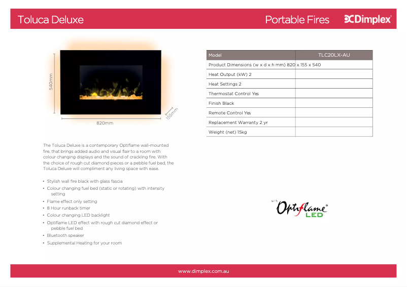Page 1 de la notice Fiche technique Dimplex Toluca Deluxe TLC20LX-AU