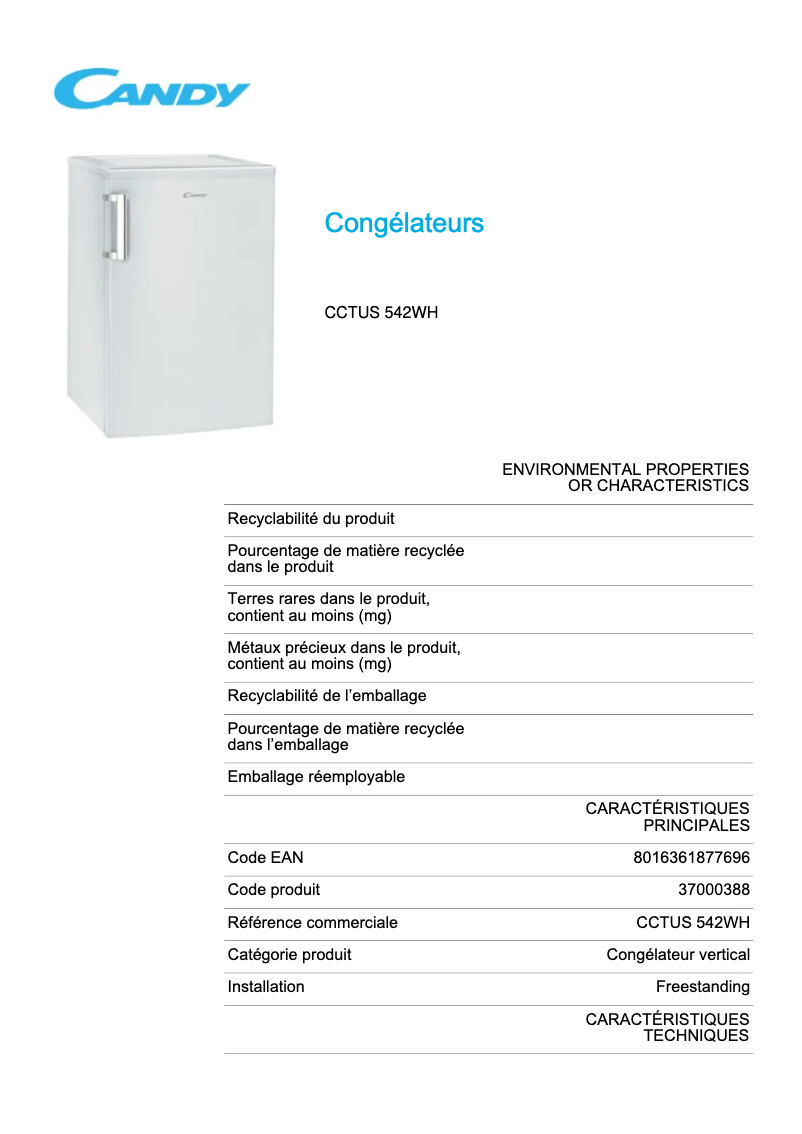 Page 1 de la notice Fiche technique Candy CCTUS 542WH