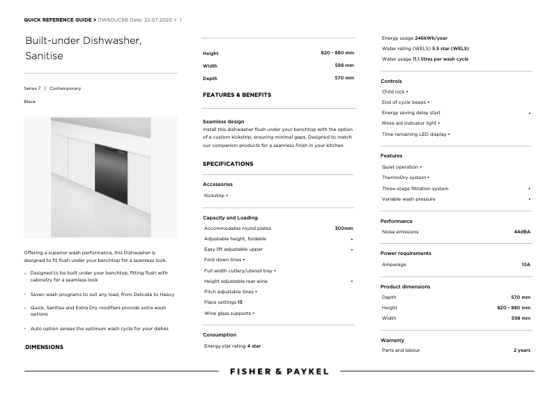 Page 1 de la notice Fiche technique Fisher & Paykel DW60UC6B