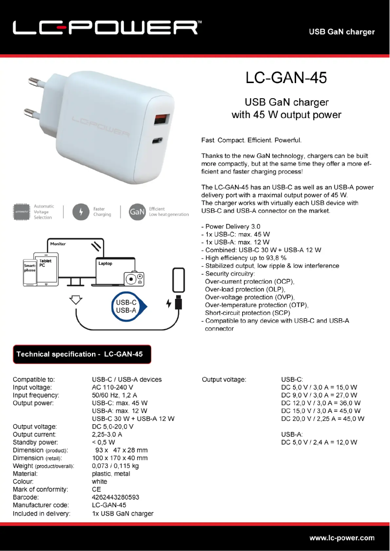 Page 1 de la notice Fiche technique LC-Power LC-GAN-45