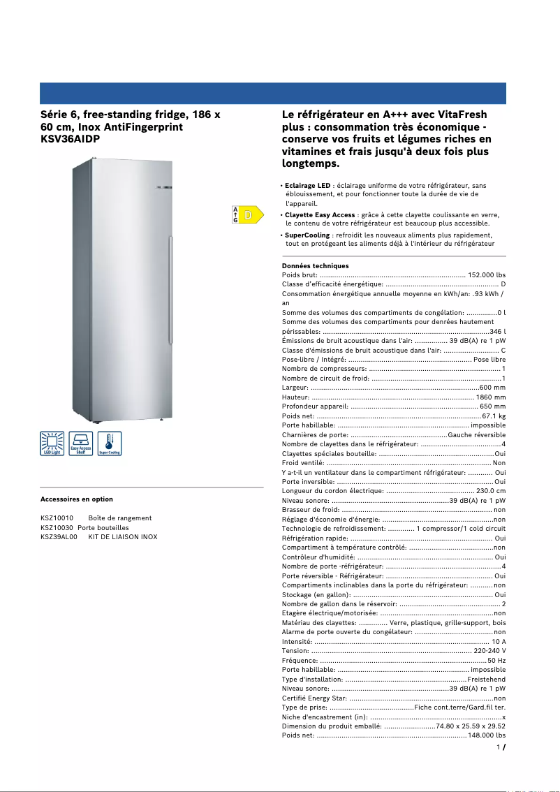 Page 1 de la notice Fiche technique Bosch KSV36AIDP