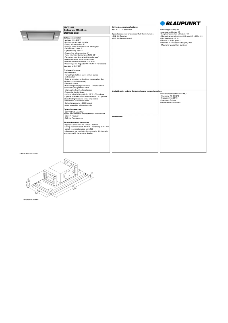 Page 1 de la notice Fiche technique Blaupunkt 5DD72553