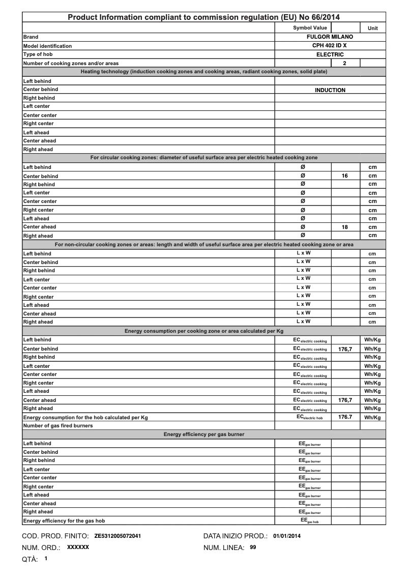 Page 1 de la notice Label énergétique Fulgor Milano CPH 402 ID X