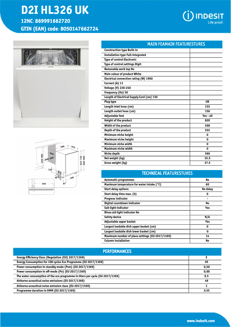 Page n°1 - Fiche technique Indesit D2I HL326  UK