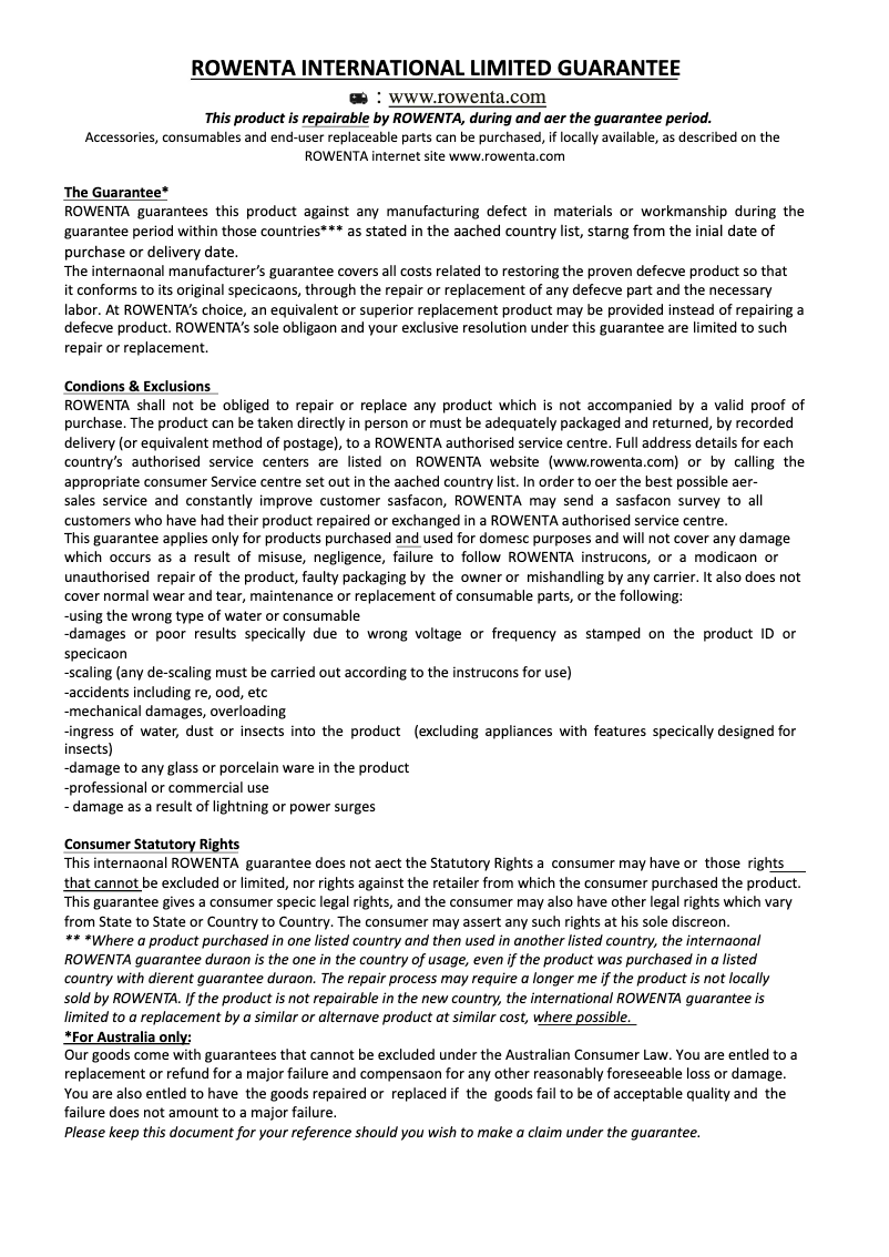 Page 1 de la notice Informations de garantie Rowenta Accessteam DW2360