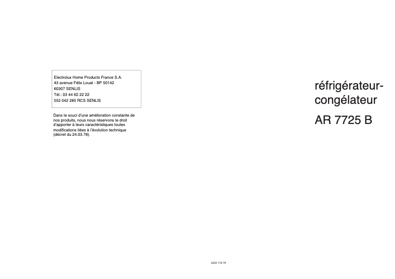 Page 1 de la notice Manuel utilisateur Arthur Martin-Electrolux AR7725B