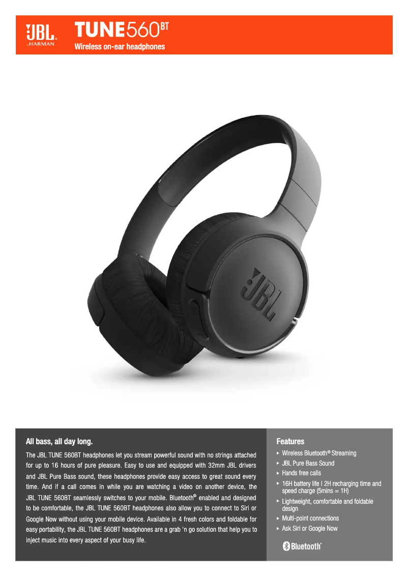 Page 1 de la notice Fiche technique JBL Tune 560BT