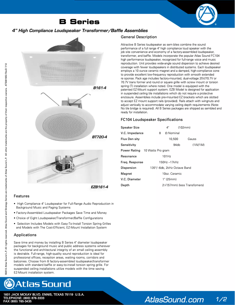 Page n°1 - Manuel utilisateur Atlas Sound B51-4