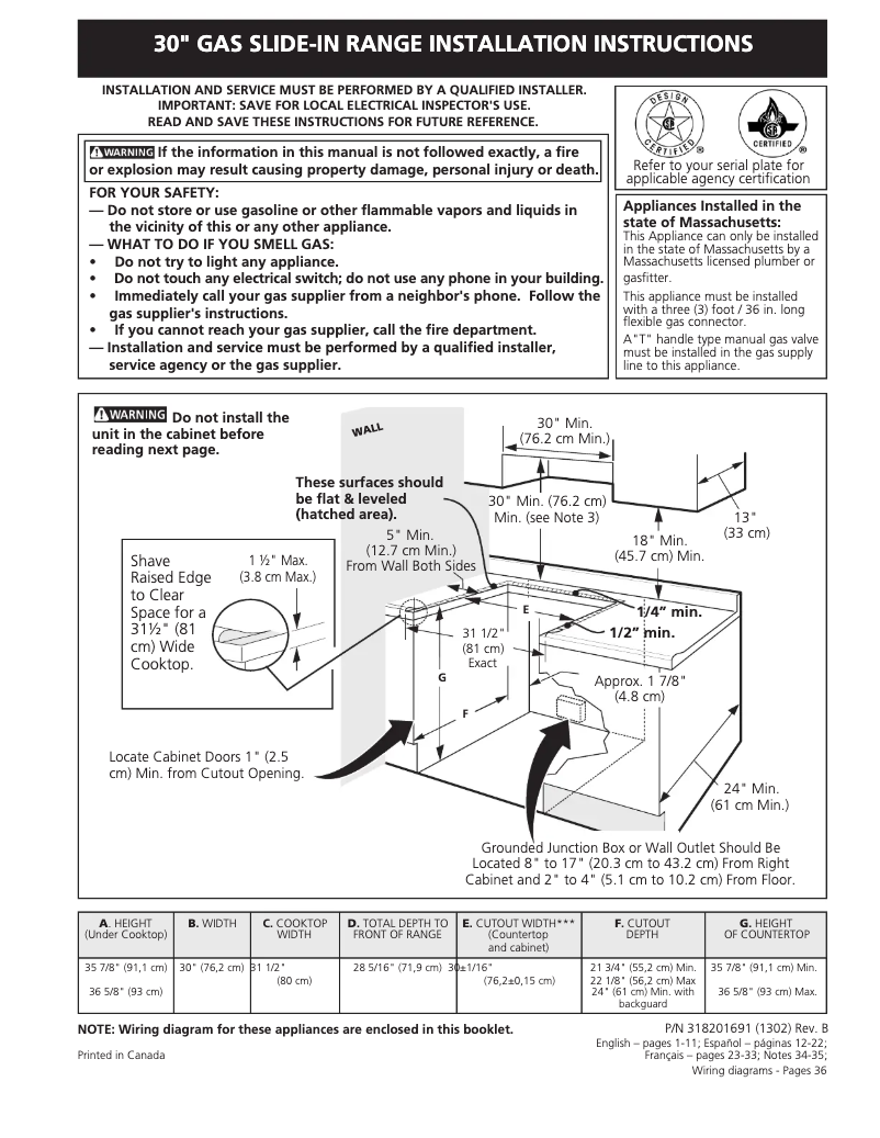 Page 1 de la notice Guide d'installation Frigidaire FGGS3045KF