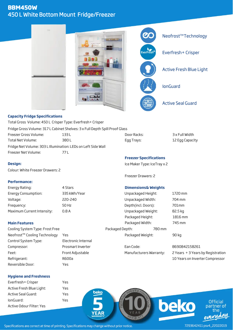 Page 1 de la notice Fiche technique Beko BBM450W