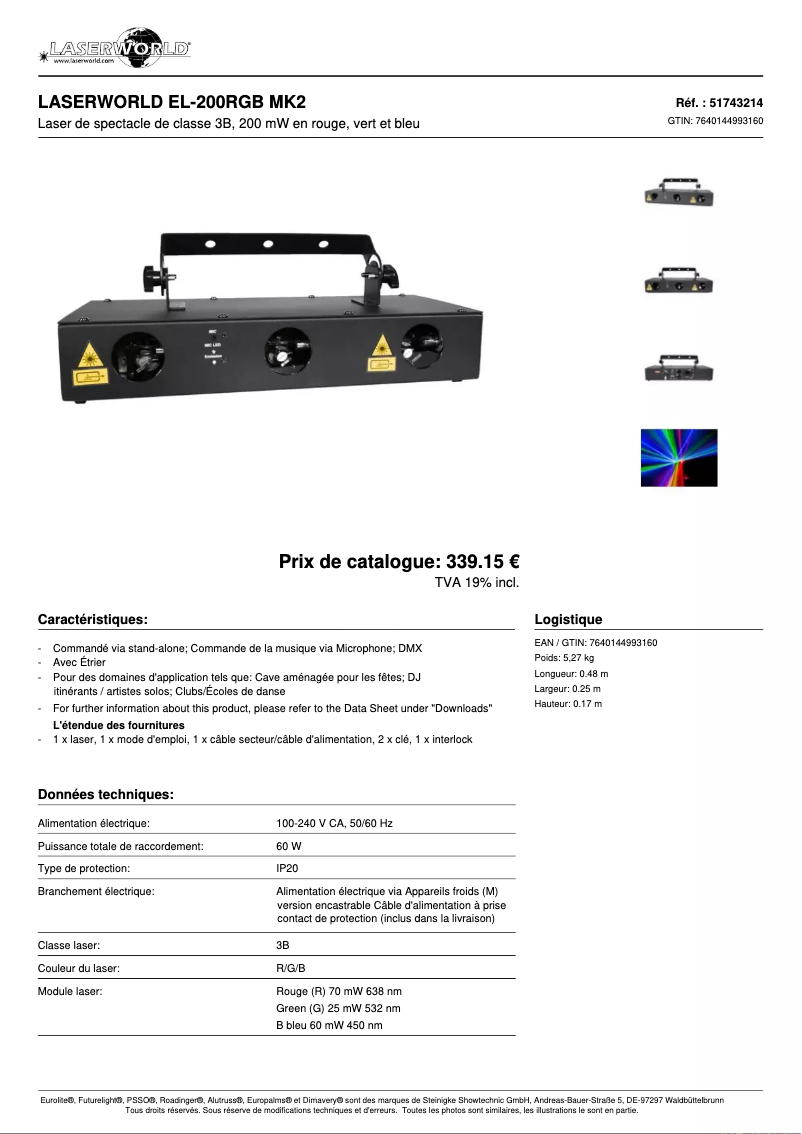 Page 1 de la notice Fiche technique Laserworld EL-200RGB MK2